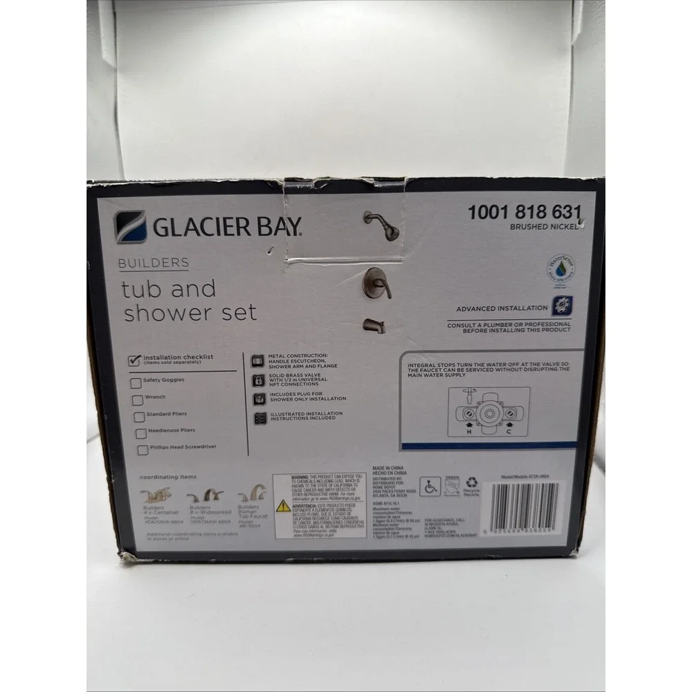 NEW! Glacier Bay One Handle Tub & Shower Faucet Set Brushed Nickel 873X-0804